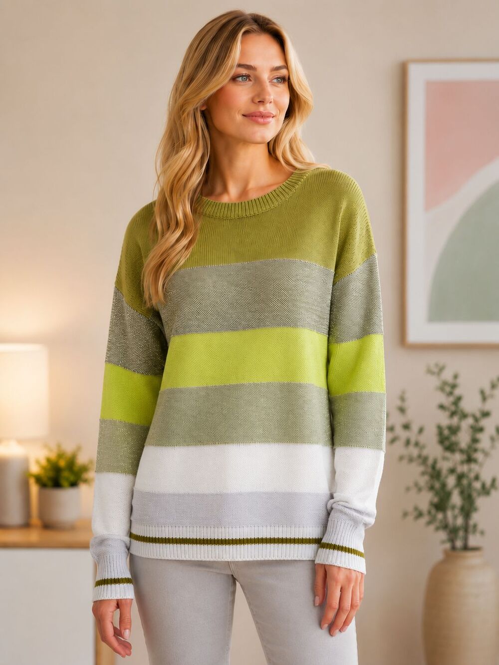 NWT Angashion XL Striped Knit Sweater Green Silver Metallic Colorblock Crewneck